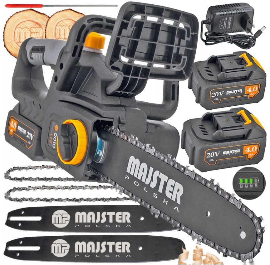 Zestaw pilarki łańcuchowej z silnikiem bezszczotkowym. Pilarka łańcuchowa z akumulatorem 4.0 Ah 20V. Dwa dodatkowe akumulatory 4.0 Ah 20V. Ładowarka sieciowa. Dwie prowadnice. Dwa łańcuchy. Osłona na prowadnicę. Narzędzie do regulacji/montażu.